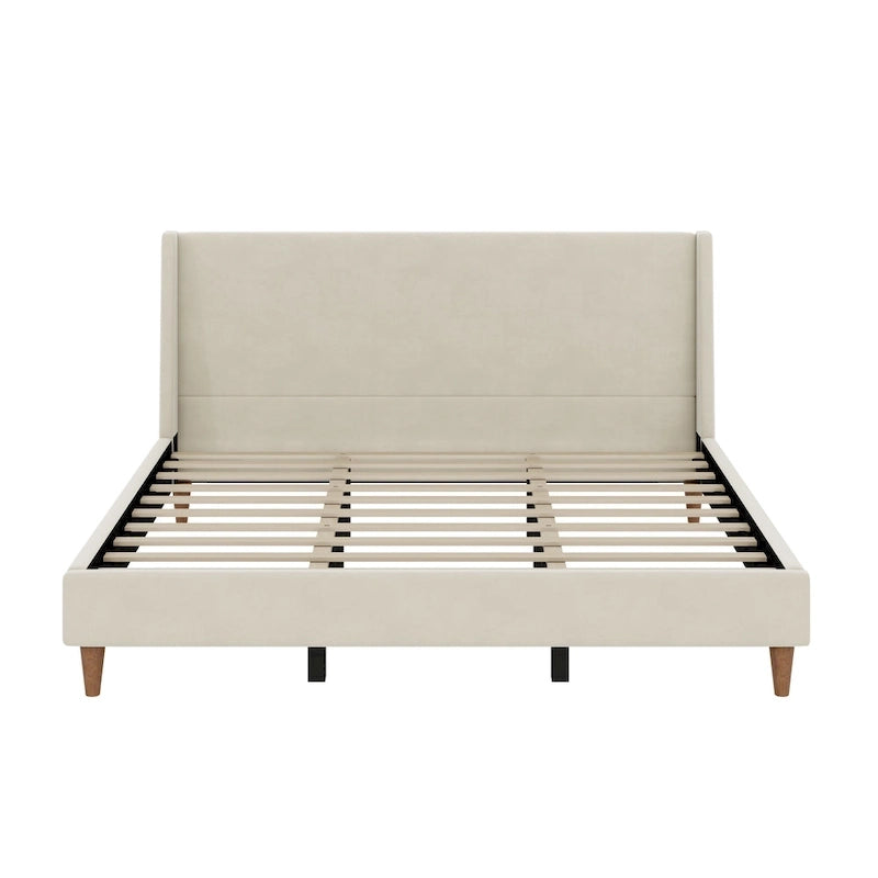 Cream Velvet Upholstered Frame Bed with Wingback Headboard and Walnut Wooden Legs, No Box Spring Needed Low Profile Platform Bed