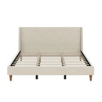 Cream Velvet Upholstered Frame Bed with Wingback Headboard and Walnut Wooden Legs, No Box Spring Needed Low Profile Platform Bed