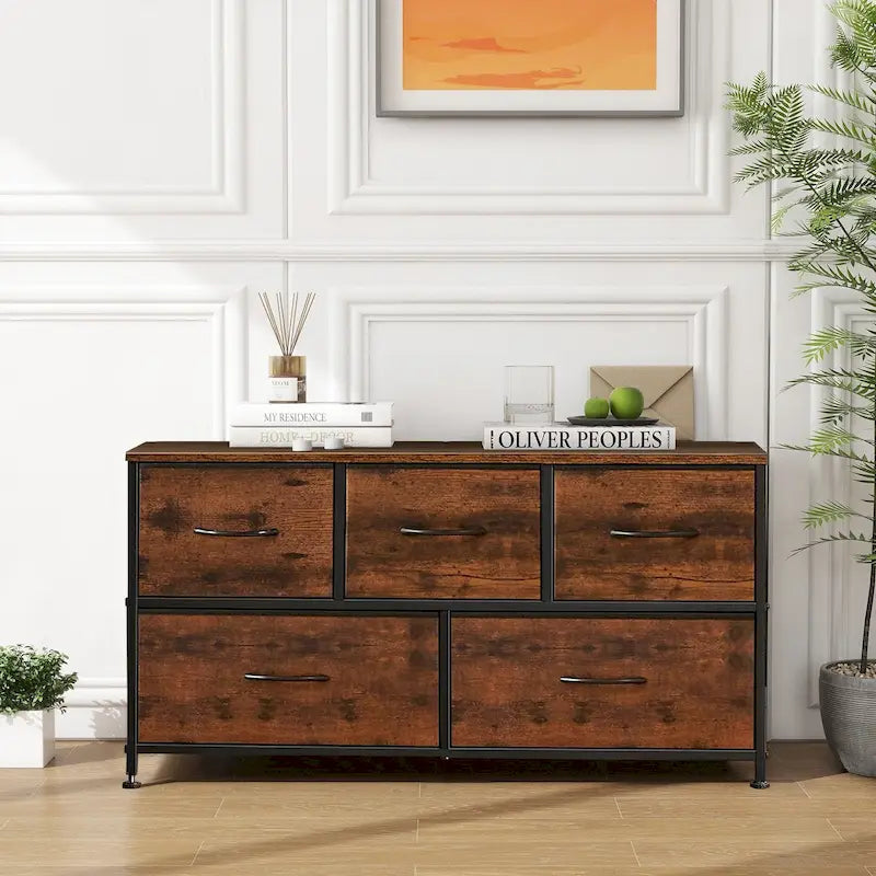 Modern 5-Drawer Chest of Drawers with Fabric Bin, Steel Frame, Wood Top for Bedroom, Entryway