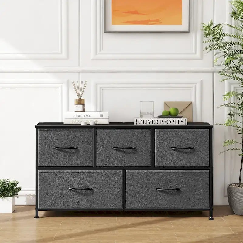 Modern 5-Drawer Chest of Drawers with Fabric Bin, Steel Frame, Wood Top for Bedroom, Entryway