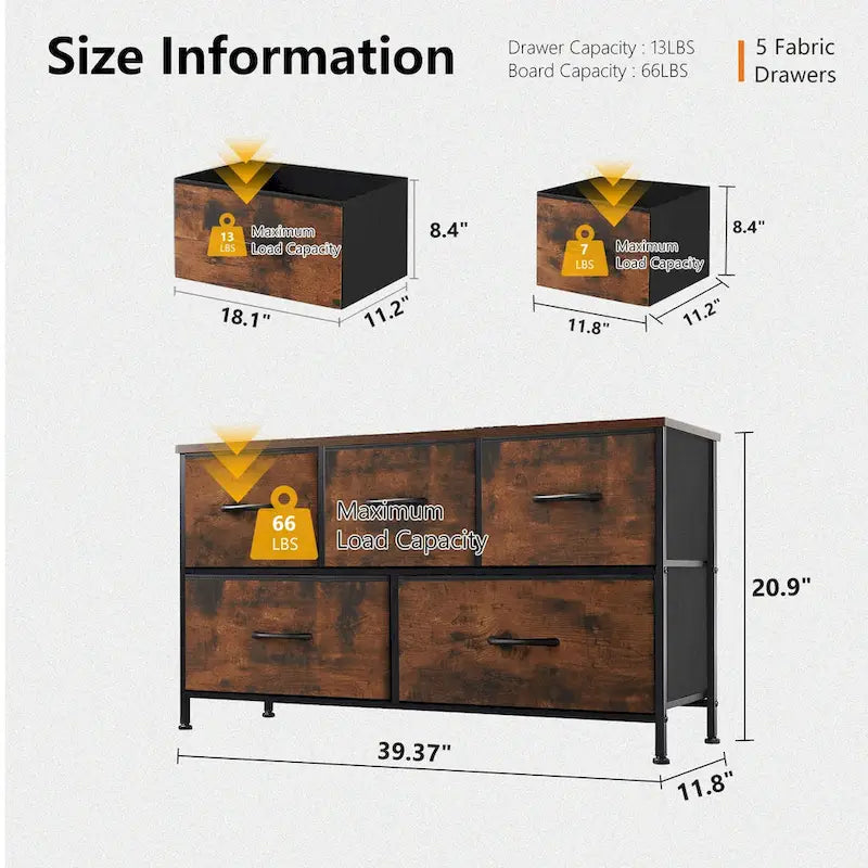 Modern 5-Drawer Chest of Drawers with Fabric Bin, Steel Frame, Wood Top for Bedroom, Entryway