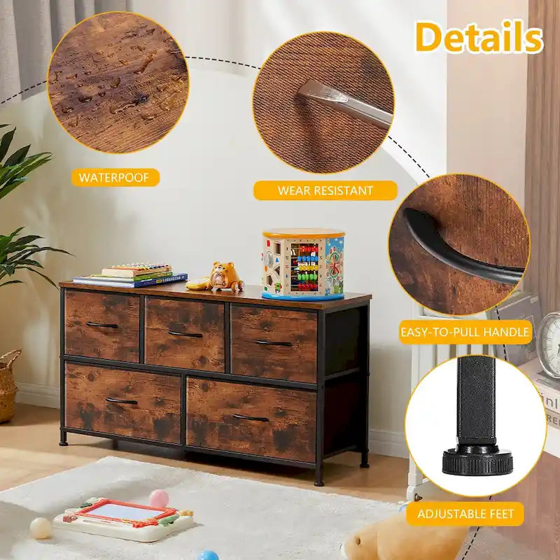 Modern 5-Drawer Chest of Drawers with Fabric Bin, Steel Frame, Wood Top for Bedroom, Entryway