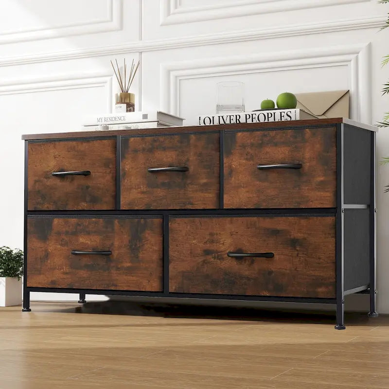 Modern 5-Drawer Chest of Drawers with Fabric Bin, Steel Frame, Wood Top for Bedroom, Entryway