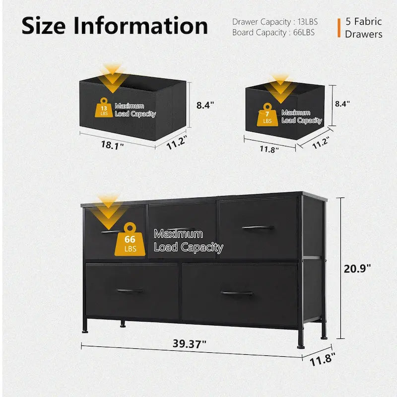Modern 5-Drawer Chest of Drawers with Fabric Bin, Steel Frame, Wood Top for Bedroom, Entryway