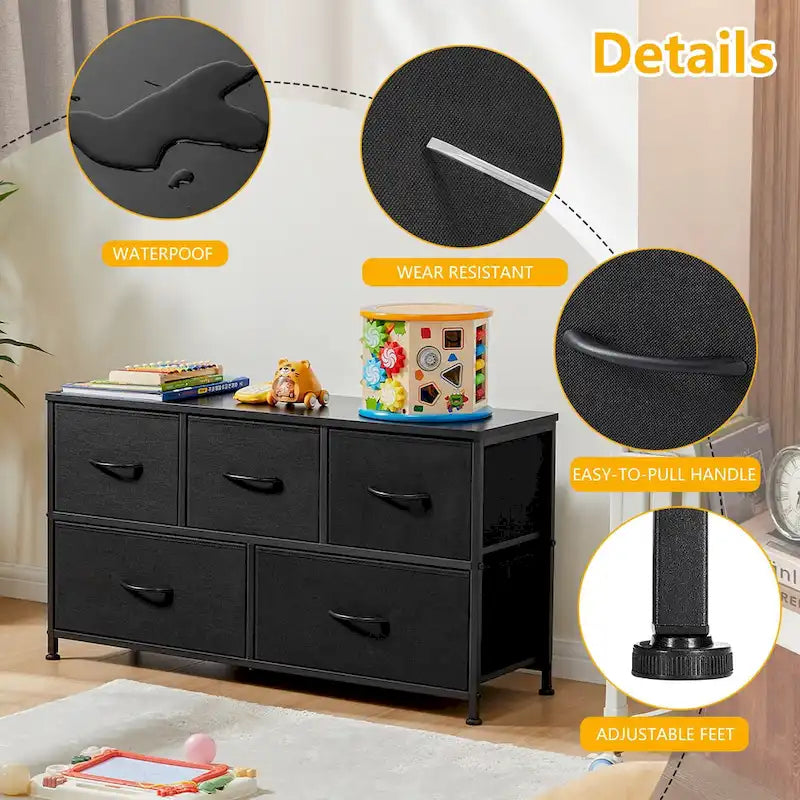 Modern 5-Drawer Chest of Drawers with Fabric Bin, Steel Frame, Wood Top for Bedroom, Entryway