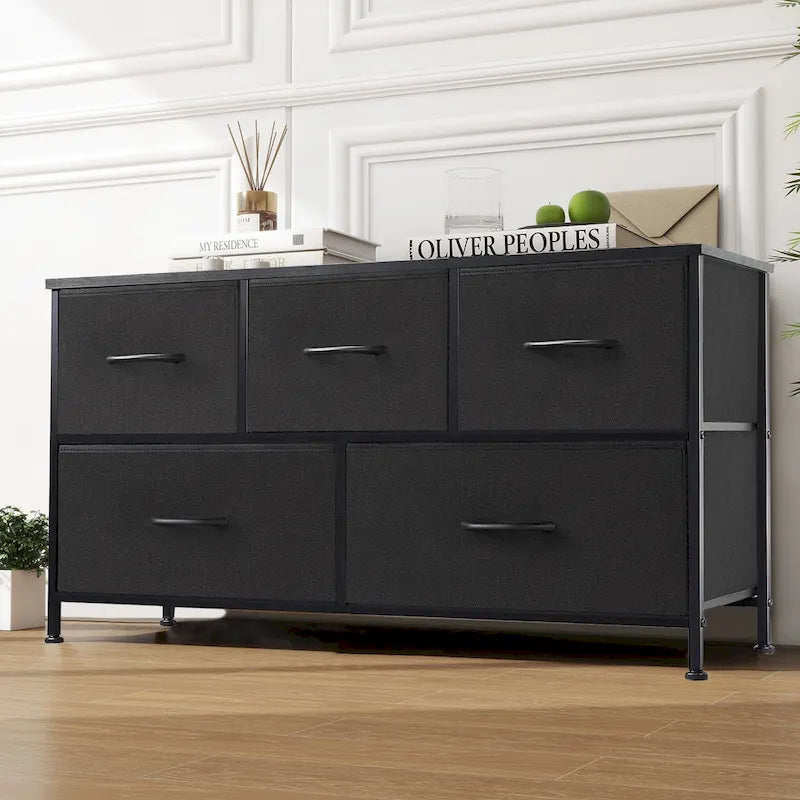 Modern 5-Drawer Chest of Drawers with Fabric Bin, Steel Frame, Wood Top for Bedroom, Entryway