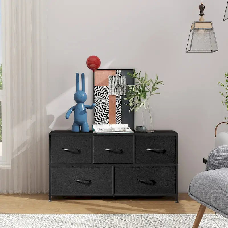 Modern 5-Drawer Chest of Drawers with Fabric Bin, Steel Frame, Wood Top for Bedroom, Entryway