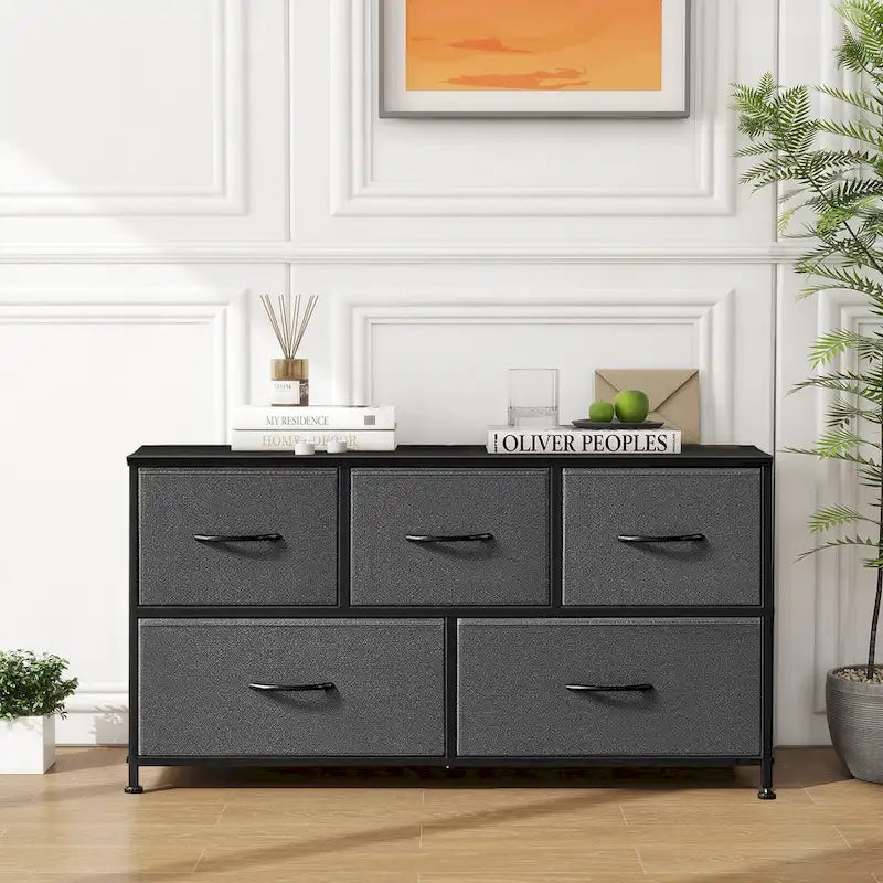 Modern 5-Drawer Chest of Drawers with Fabric Bin, Steel Frame, Wood Top for Bedroom, Entryway