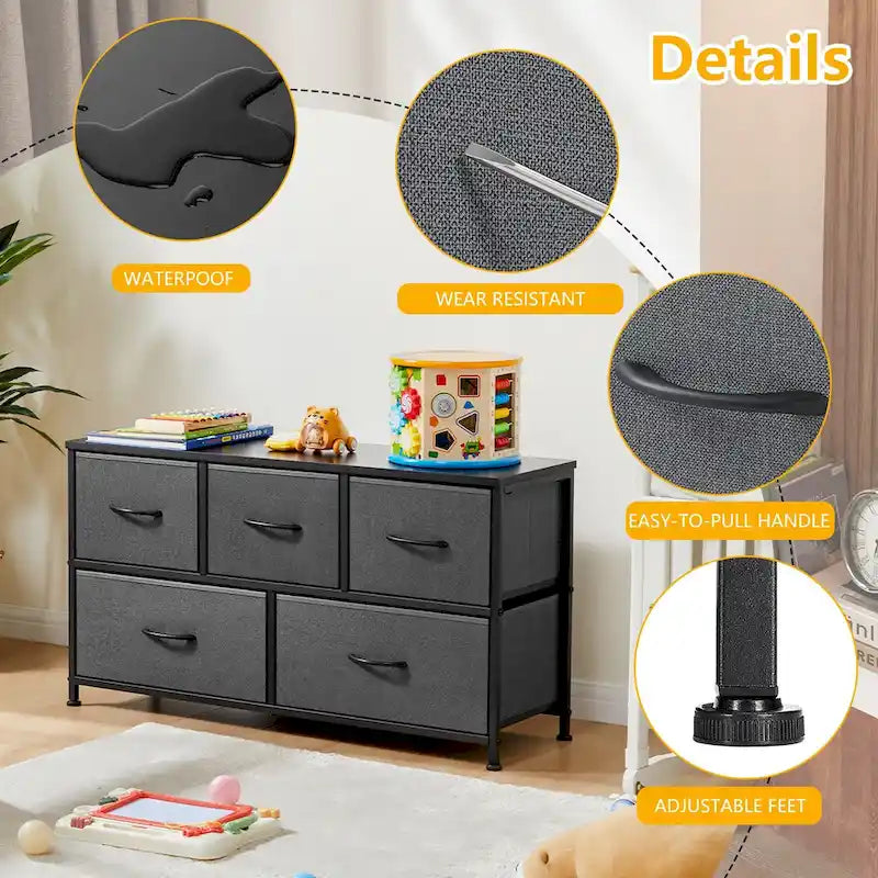 Modern 5-Drawer Chest of Drawers with Fabric Bin, Steel Frame, Wood Top for Bedroom, Entryway