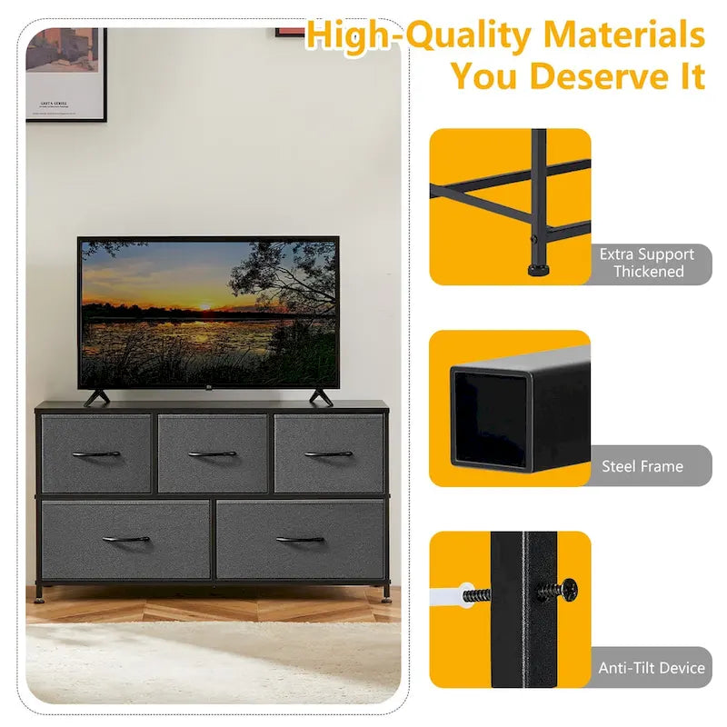 Modern 5-Drawer Chest of Drawers with Fabric Bin, Steel Frame, Wood Top for Bedroom, Entryway