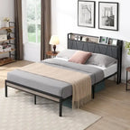 Full Size Metal Platform Bed with Upholstery Storage Function Headboard and Usb Liner