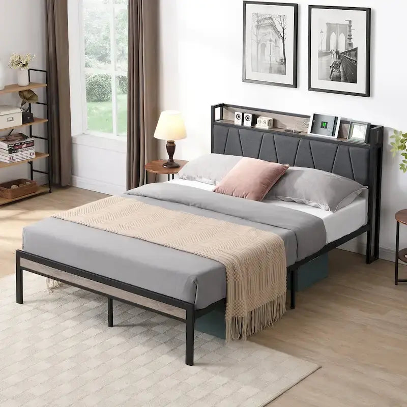 Full Size Metal Platform Bed with Upholstery Storage Function Headboard and Usb Liner