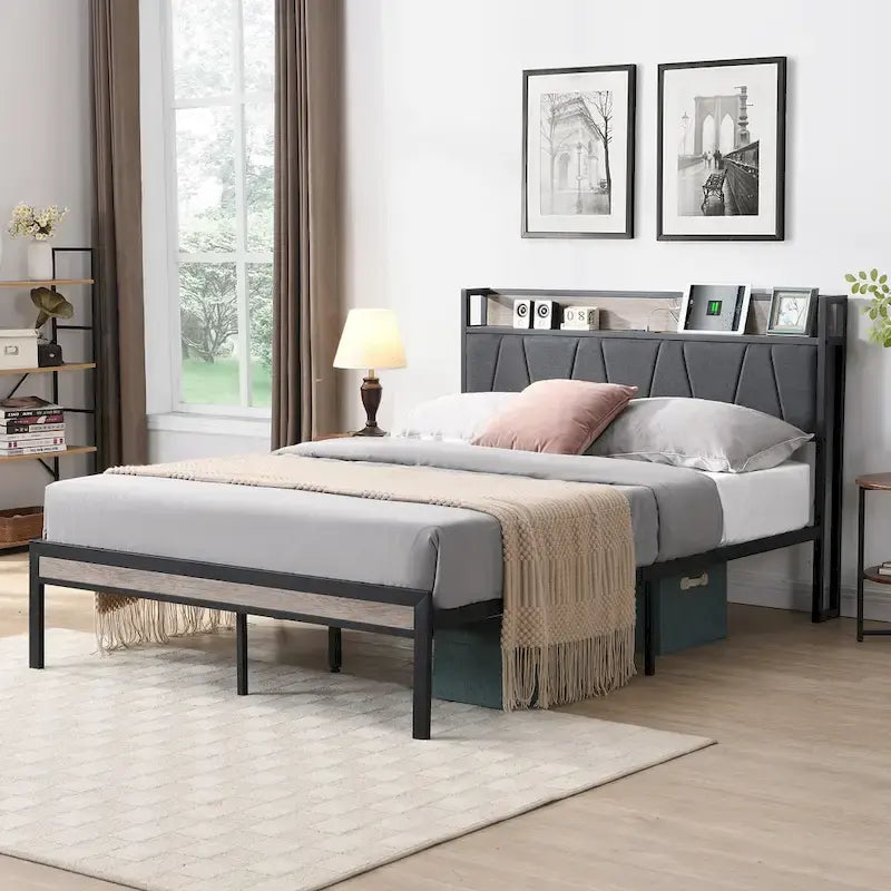 Full Size Metal Platform Bed with Upholstery Storage Function Headboard and Usb Liner