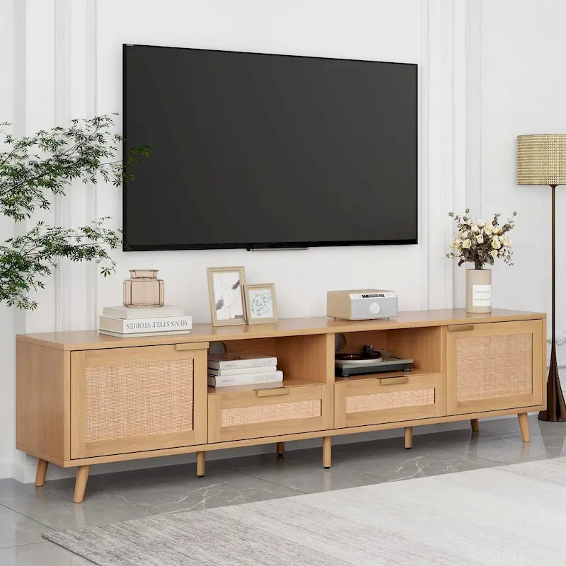 Wood 78  TV Stand with Wood Legs, Cabinets & Shelves for TVs Up to 85