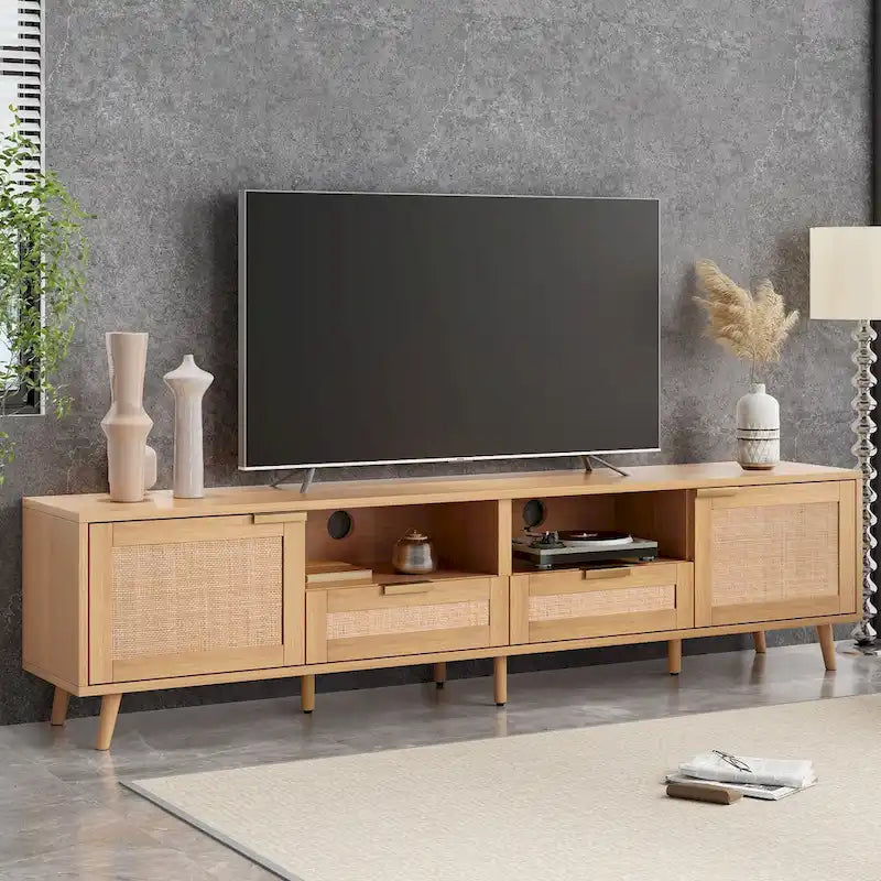 Wood 78  TV Stand with Wood Legs, Cabinets & Shelves for TVs Up to 85