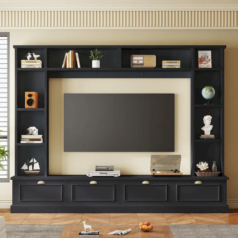 Black 104.2  Large Wall Unit with Bookshelves & Cabinets for TVs Up to 78