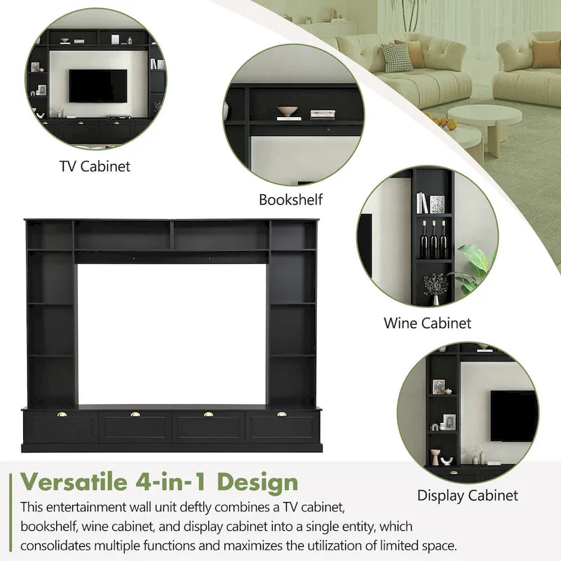 Black 104.2  Large Wall Unit with Bookshelves & Cabinets for TVs Up to 78