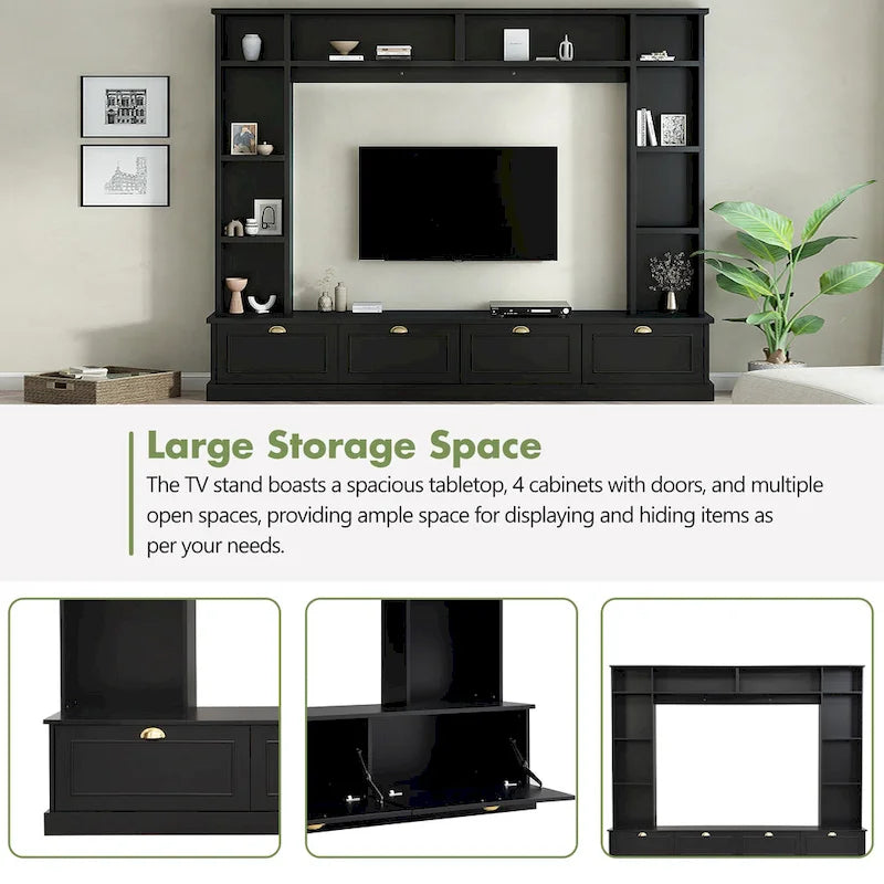 Black 104.2  Large Wall Unit with Bookshelves & Cabinets for TVs Up to 78