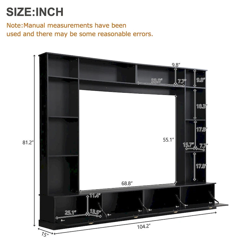 Black 104.2  Large Wall Unit with Bookshelves & Cabinets for TVs Up to 78
