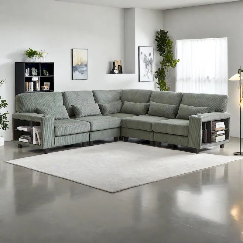 102.75  Corduroy L-Shaped Modular Sectional Sofa with Storage and Cup Holder