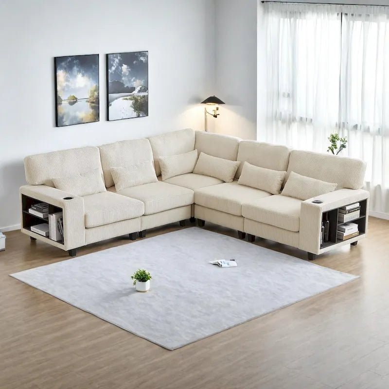 102.75  Corduroy L-Shaped Modular Sectional Sofa with Storage and Cup Holder