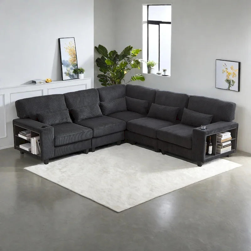 102.75  Corduroy L-Shaped Modular Sectional Sofa with Storage and Cup Holder