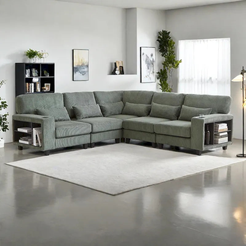 102.75  Corduroy L-Shaped Modular Sectional Sofa with Storage and Cup Holder