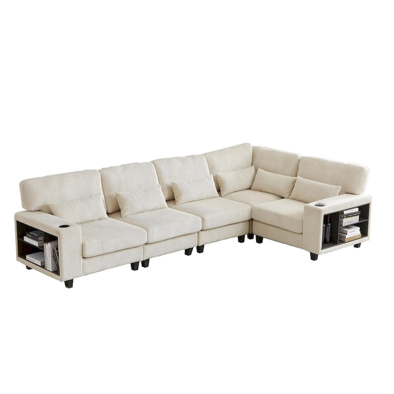 102.75  Corduroy L-Shaped Modular Sectional Sofa with Storage and Cup Holder