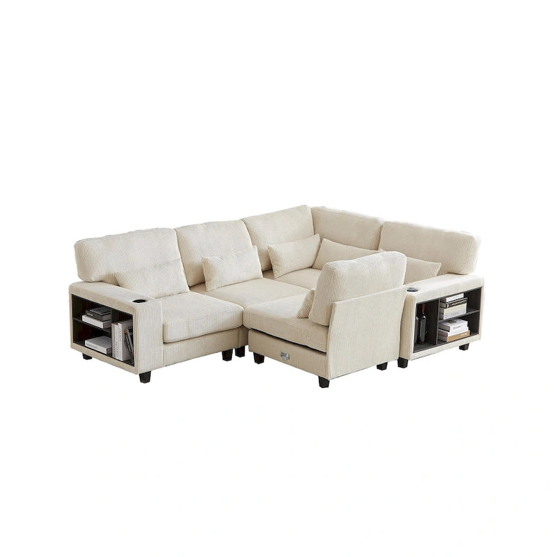 102.75  Corduroy L-Shaped Modular Sectional Sofa with Storage and Cup Holder