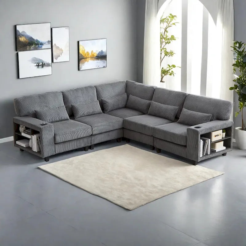 102.75  Corduroy L-Shaped Modular Sectional Sofa with Storage and Cup Holder