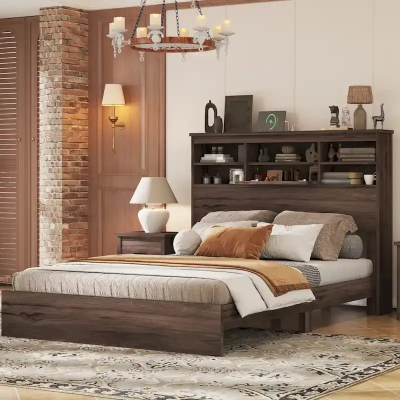 Queen Size Vintage Wooden Platform Bed with Storage Headboard