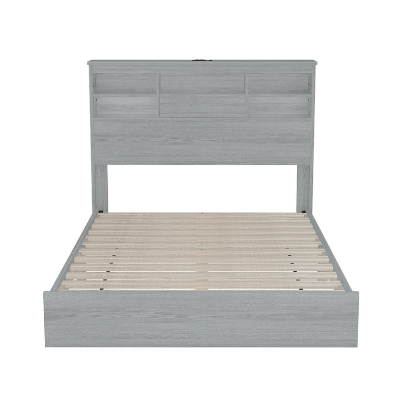Queen Size Vintage Wooden Platform Bed with Storage Headboard