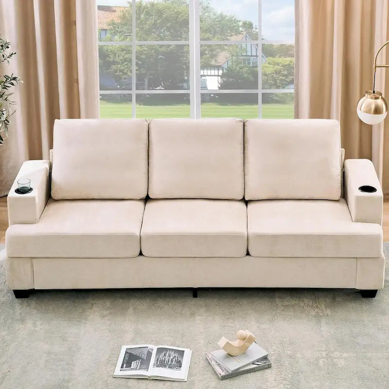 89  3-Seater Sofa, Deep Seat Sofa, Modern Comfy Couches for Living Room with Cup Holders