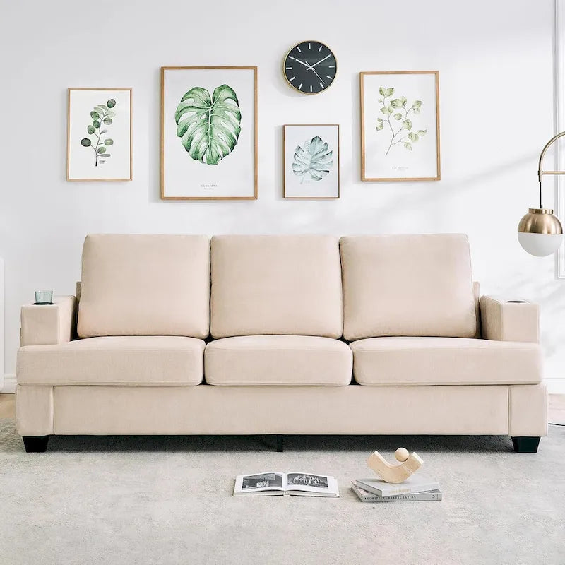 89  3-Seater Sofa, Deep Seat Sofa, Modern Comfy Couches for Living Room with Cup Holders