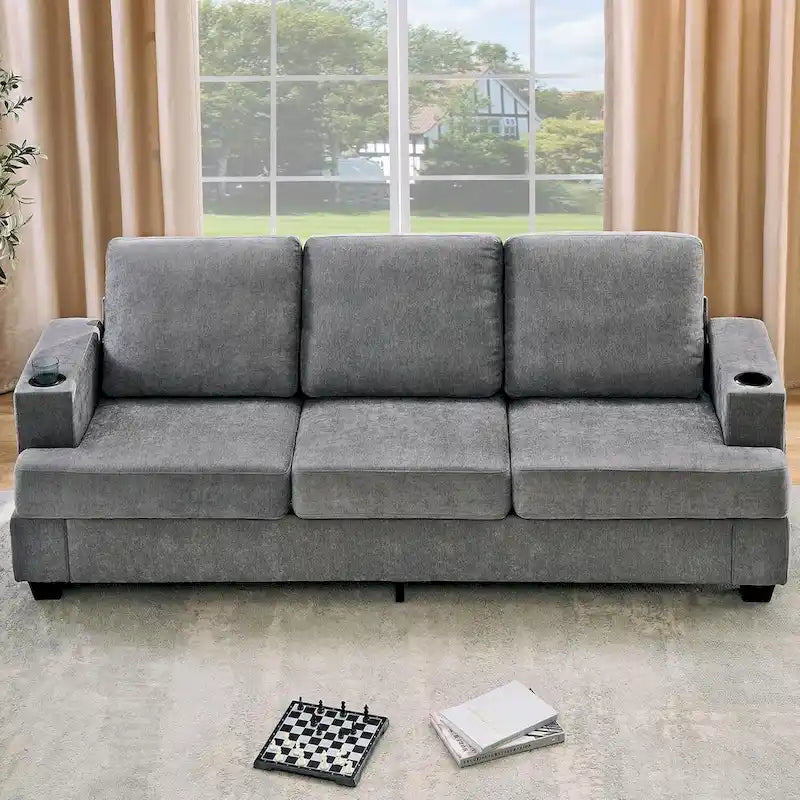 89  3-Seater Sofa, Deep Seat Sofa, Modern Comfy Couches for Living Room with Cup Holders