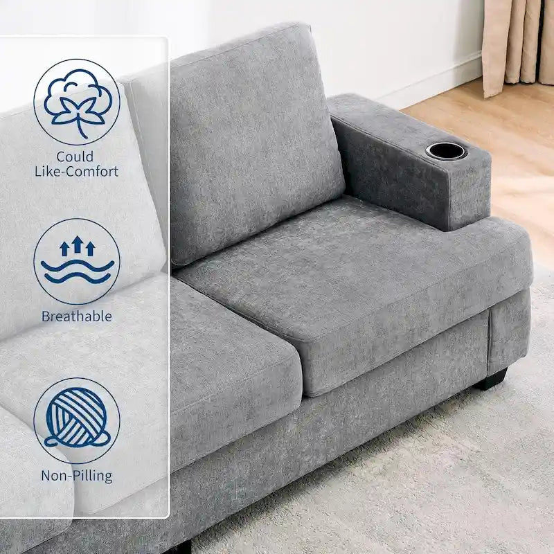 89  3-Seater Sofa, Deep Seat Sofa, Modern Comfy Couches for Living Room with Cup Holders
