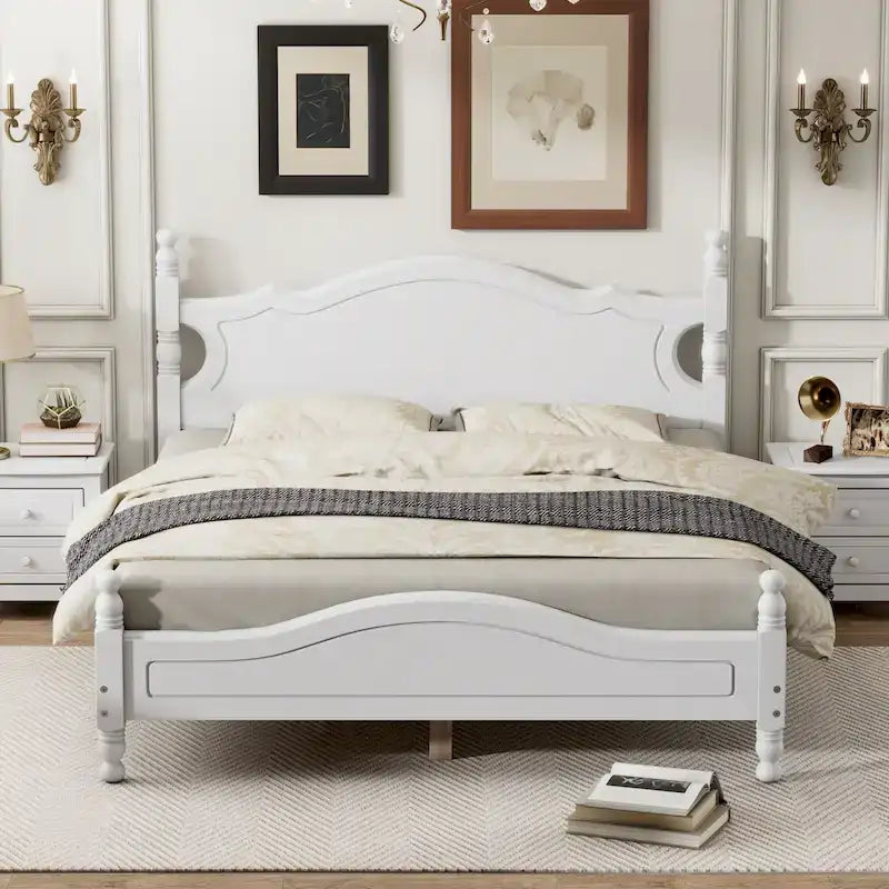 White Vintage-inspired Queen Size Wood Platform Bed