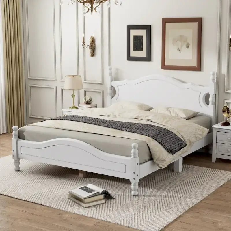 White Vintage-inspired Queen Size Wood Platform Bed
