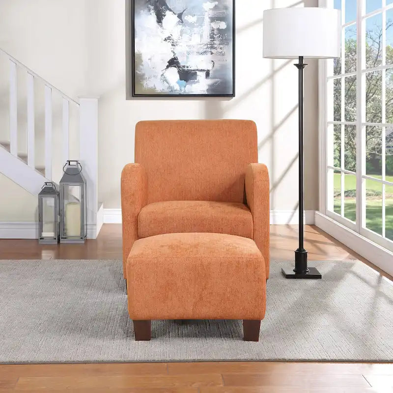 OS Home and Office Furniture Aiden Chair & Ottoman Herringbone Orange with Medium Espresso Legs