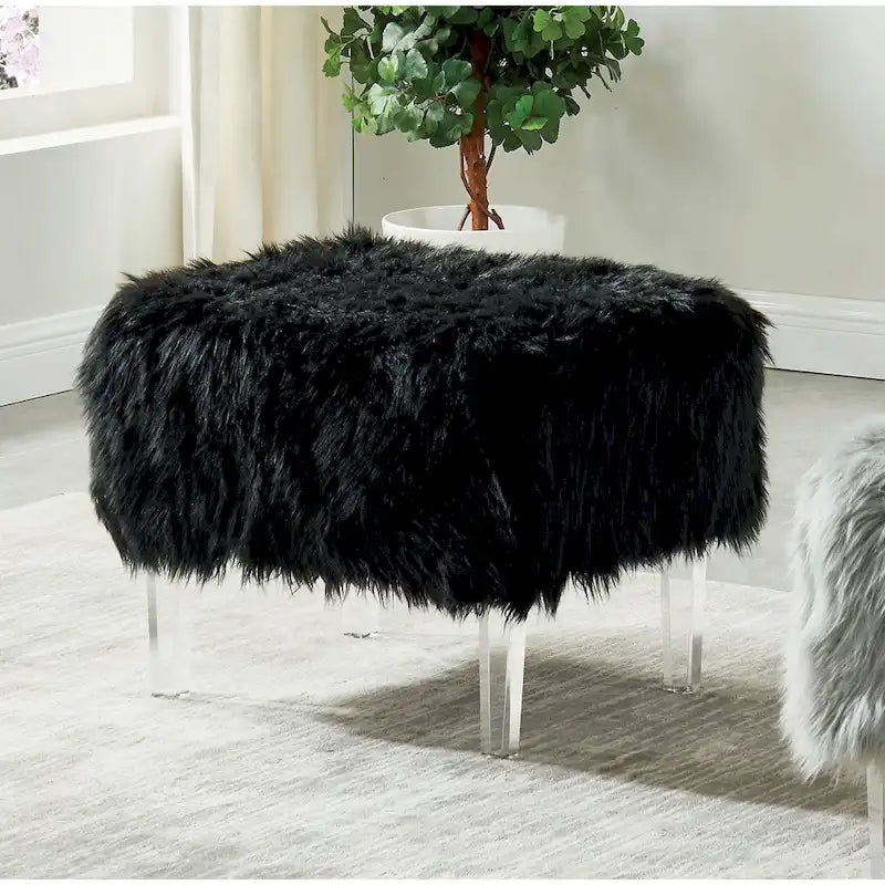 Andral Contemporary Faux Fur Acrylic Ottoman by Silver Orchid