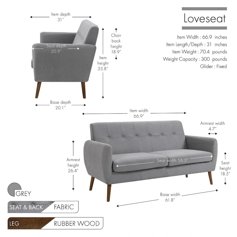 Porthos Home Rya Loveseat Small Sofa Couch, Fabric, Rubberwood