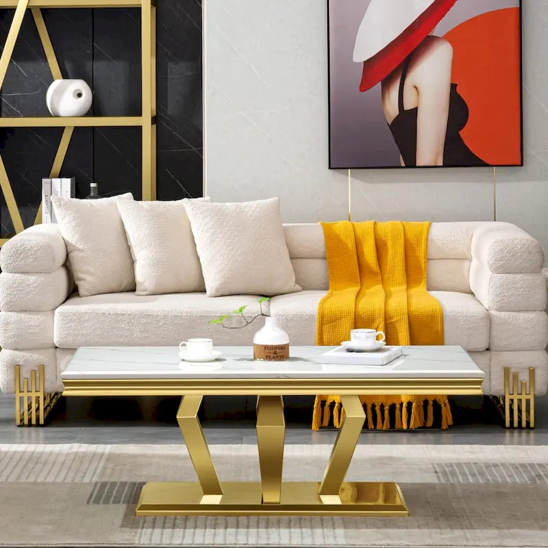 Modern Coffee Table with Stainless Steel Base 48 inches Rectangular Coffee Table with Sturdy Metal Frame for Living Room