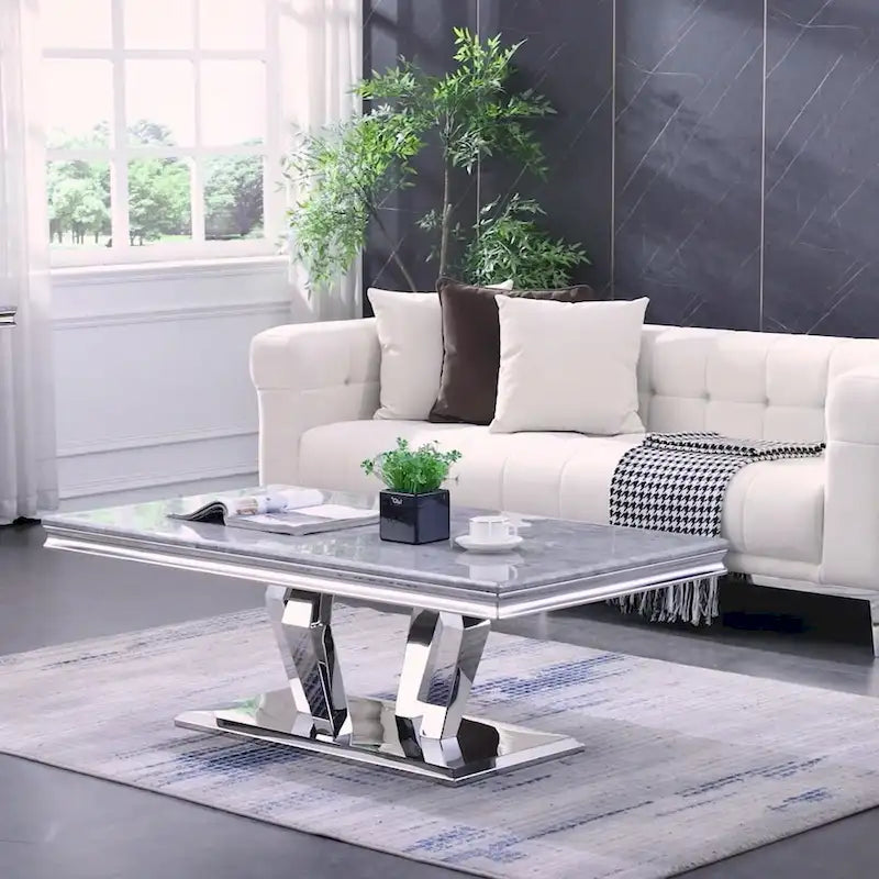 Modern Coffee Table with Stainless Steel Base 48 inches Rectangular Coffee Table with Sturdy Metal Frame for Living Room