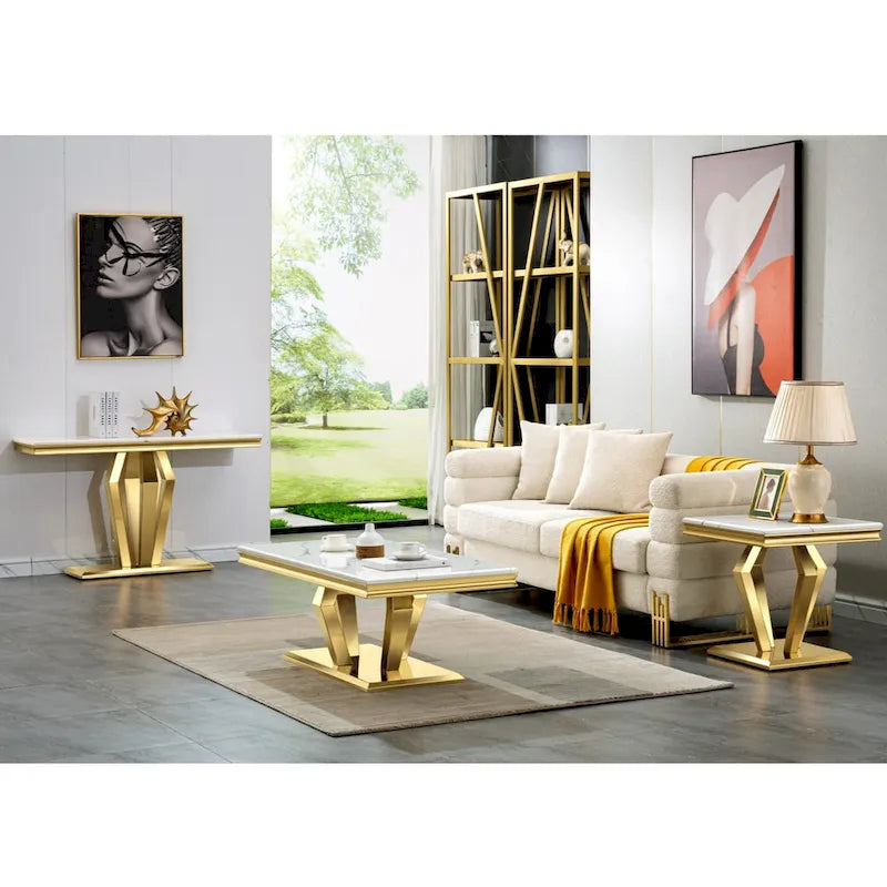 Modern Coffee Table with Stainless Steel Base 48 inches Rectangular Coffee Table with Sturdy Metal Frame for Living Room