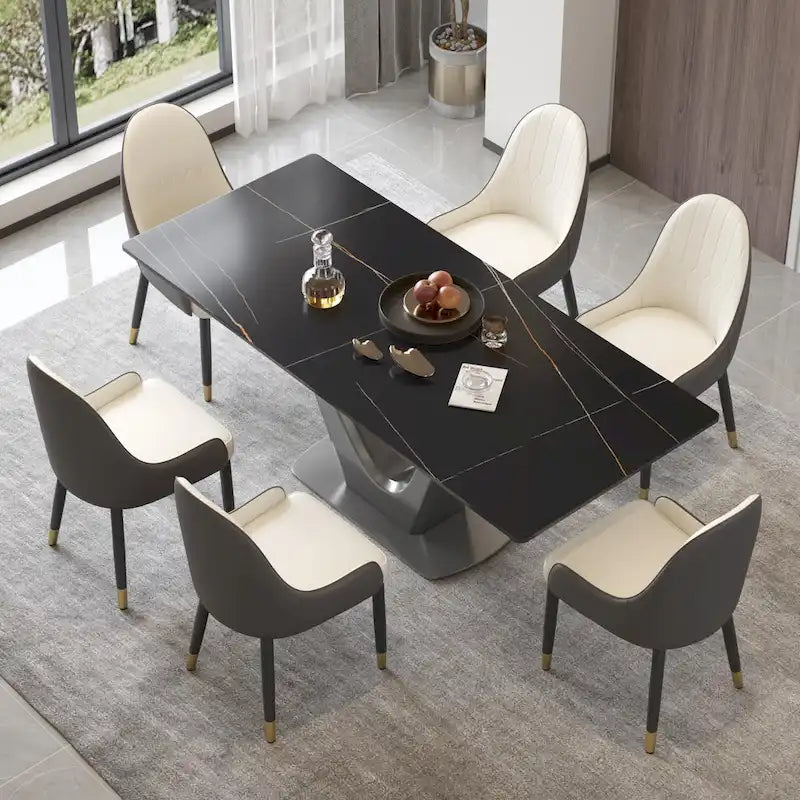 Classic Marble Dining Table Sintered StoneTable Top with Grey Pedestal