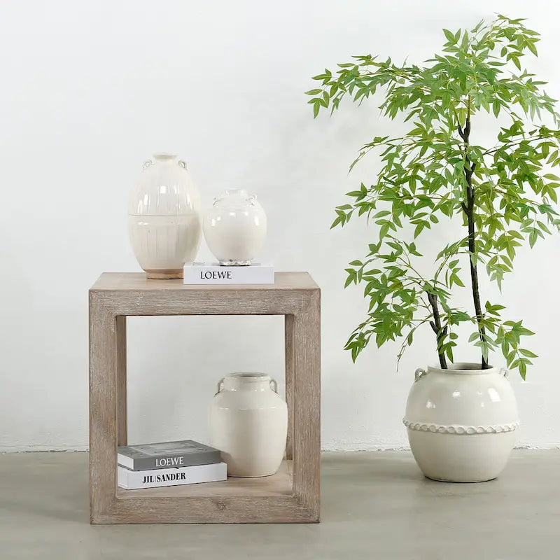 Artissance Peking Grand Framed Square Side Table, 22 Inch Tall, Weathered White Wash Finish