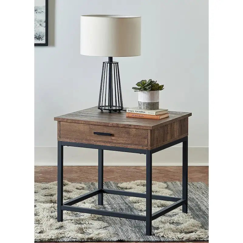 1 Drawer Wood End Table in Brown Oak and Sandy Black