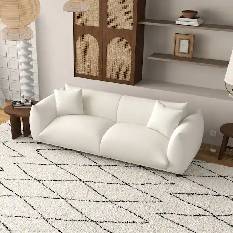 Mansan Mid Century Modern Luxury Tight Pillow Back French Boucle Couch in Cream