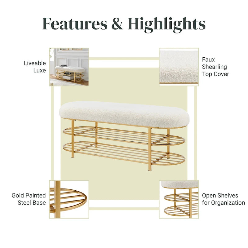 Frisly Shearling Fabric Bench w/ Shelf