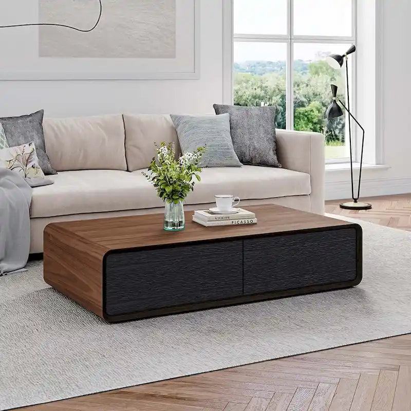 Modern Rectangular Coffee Table, Wood Coffee Table with Storage, 4 Solid Wood Drawers, Fully-Assembled, 51